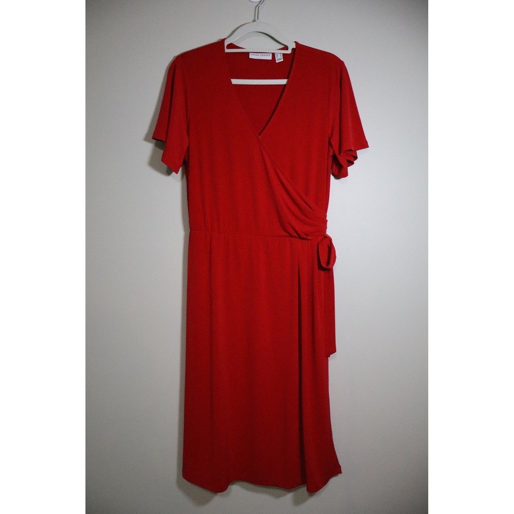 Classic Office Romantic Susan Graver Faux Wrap Dress XS Red Short Sleeve Midi
